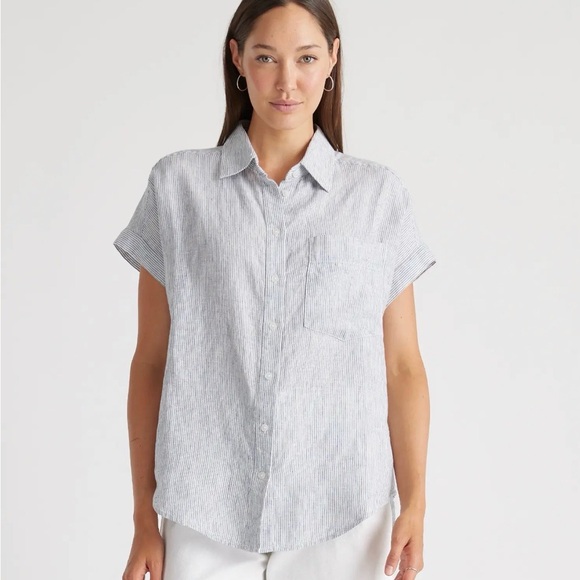 Quince Tops - Quince Light Blue and White Striped Short Sleeve Button-Down Shirt